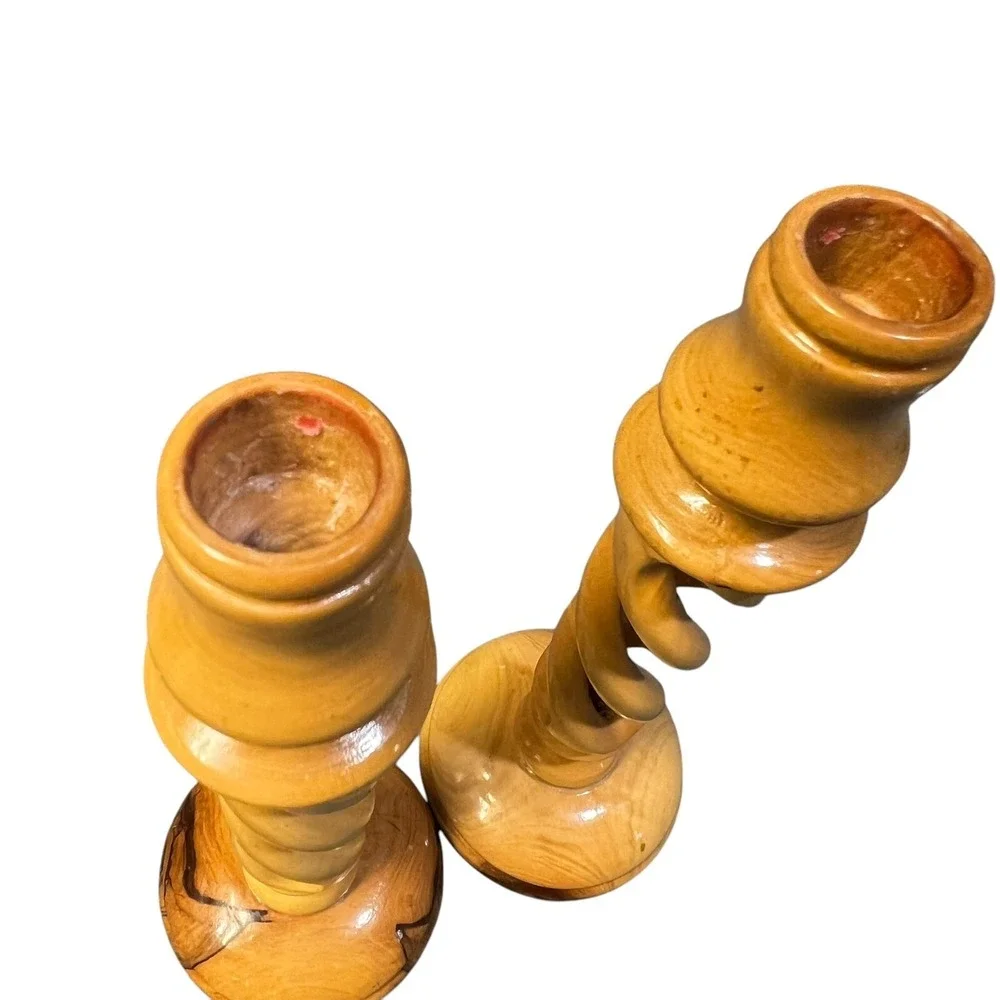 Vintage Candlestick Holders Olive Wood Twisted Spiral 9